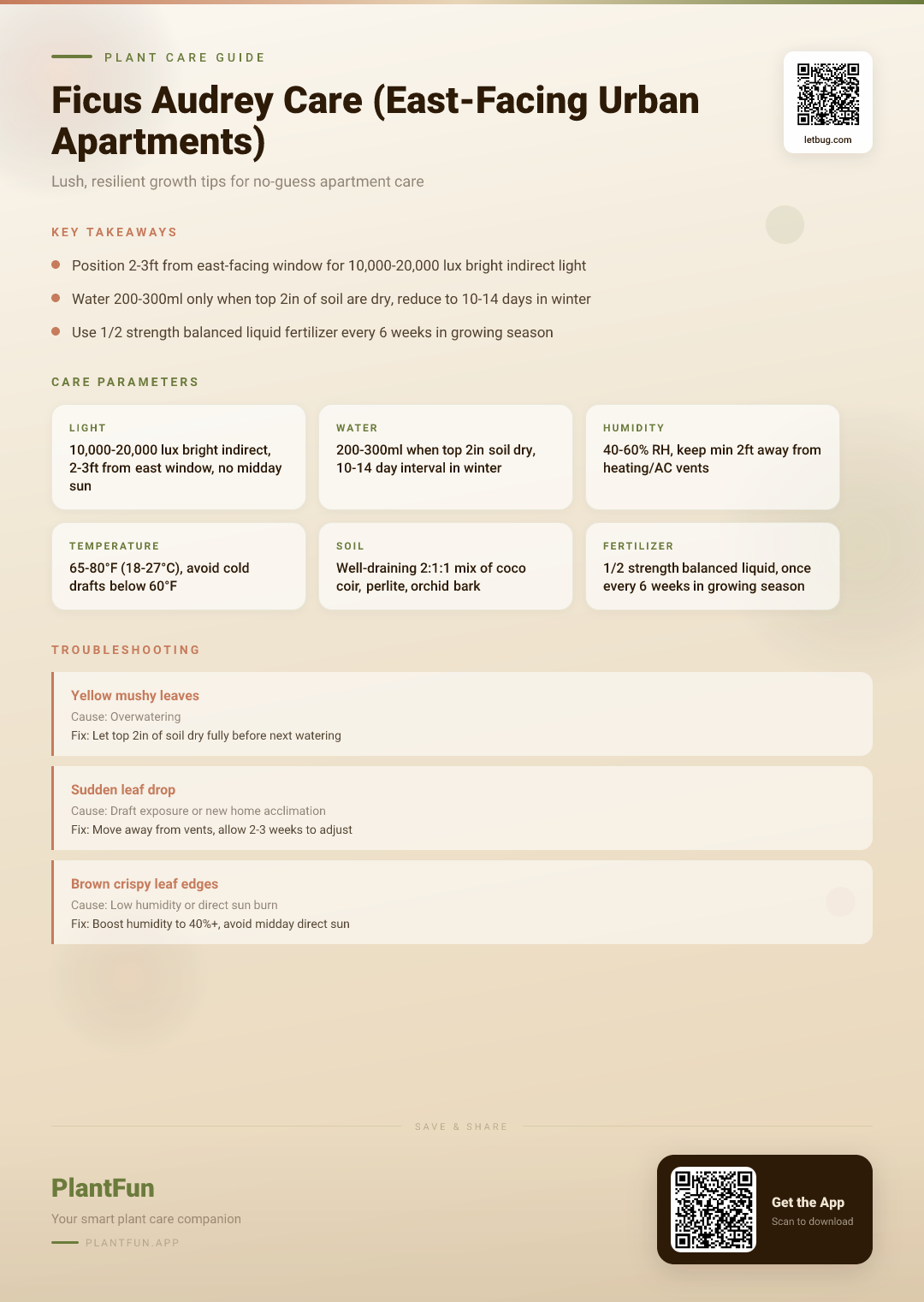 The Complete Ficus Audrey Care Checklist for Thriving Growth in East-Facing Urban Apartments — Care Guide for indoor houseplants